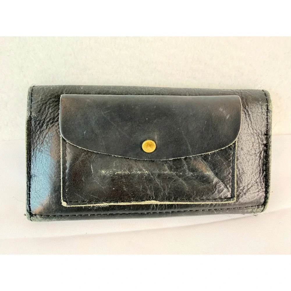 Vintage Black Leather Trifold Wallet Distressed Brass Snap Coin Pocket Biker
